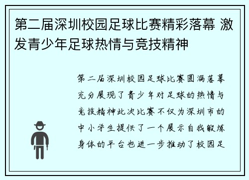 第二届深圳校园足球比赛精彩落幕 激发青少年足球热情与竞技精神